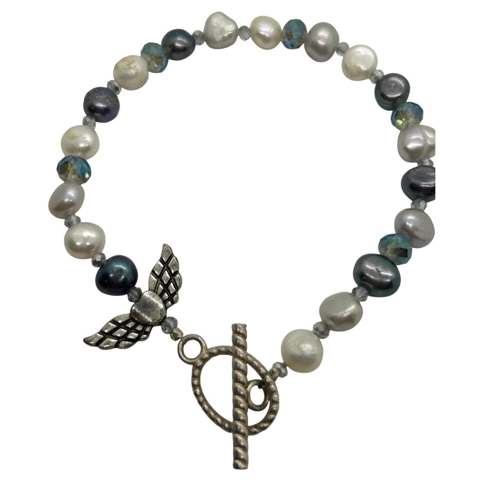Freshwater Pearl Glass Bead Angel Wing Heart Toggle Bracelet Silver Tone 8 Inch